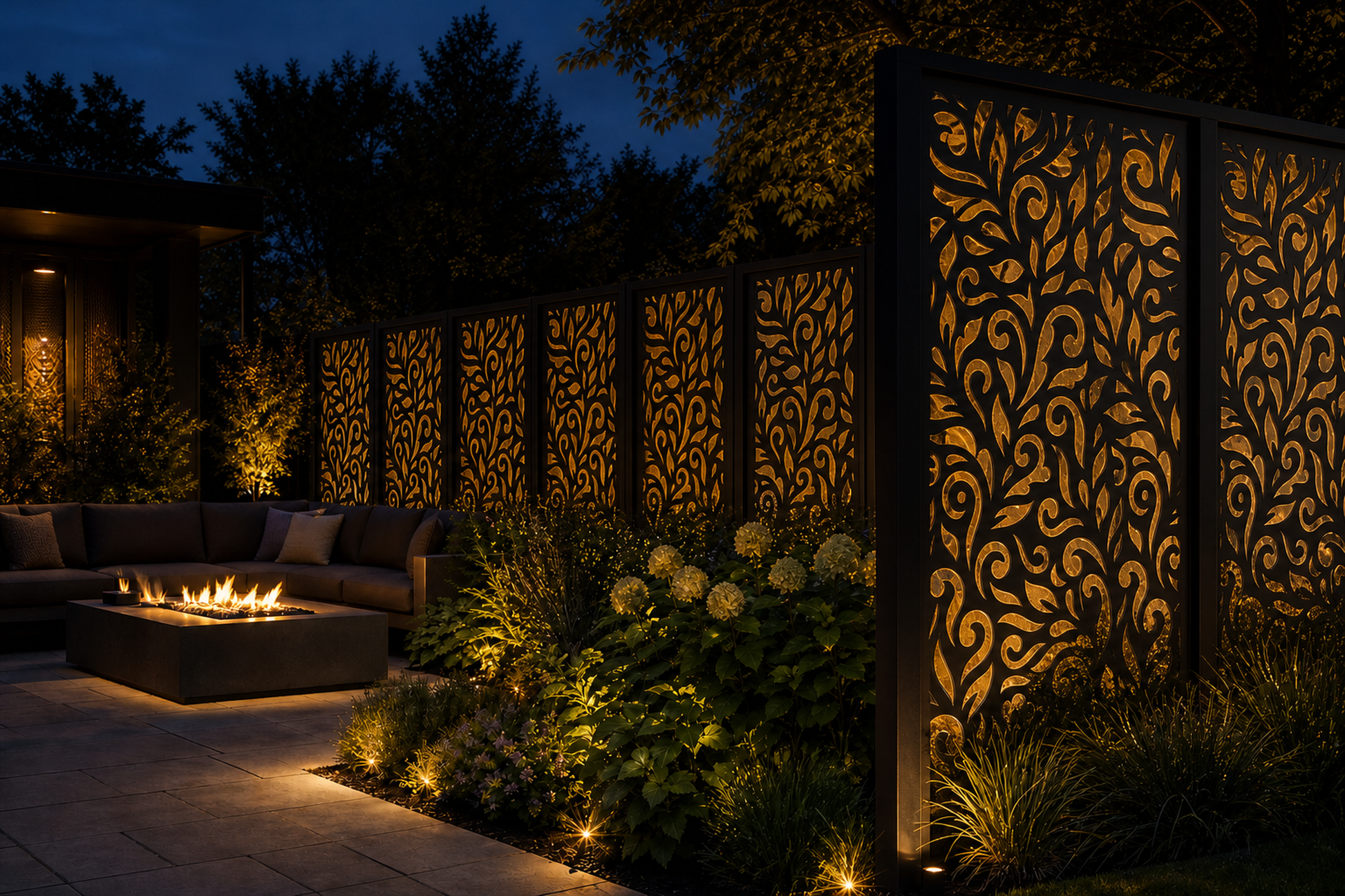 Design 036 Acanthus Vine Laser Cut Metal Privacy Screen Panel installed garden night lighting view