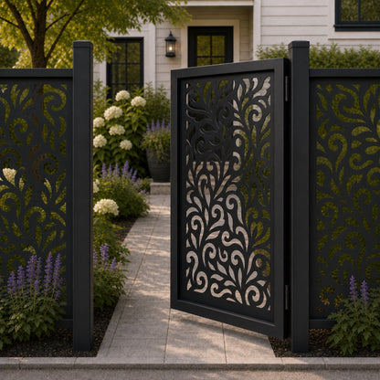 Design 036 allover scroll leaf black aluminium side gate open view