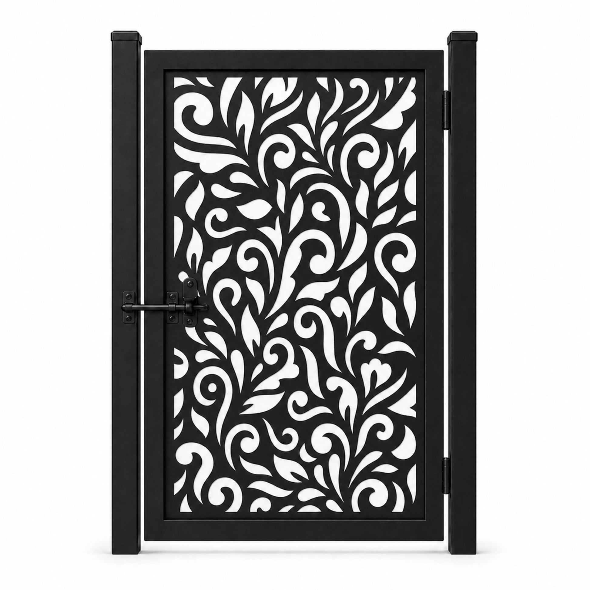 Design 036 allover scroll leaf black laser cut metal pedestrian gate closed view
