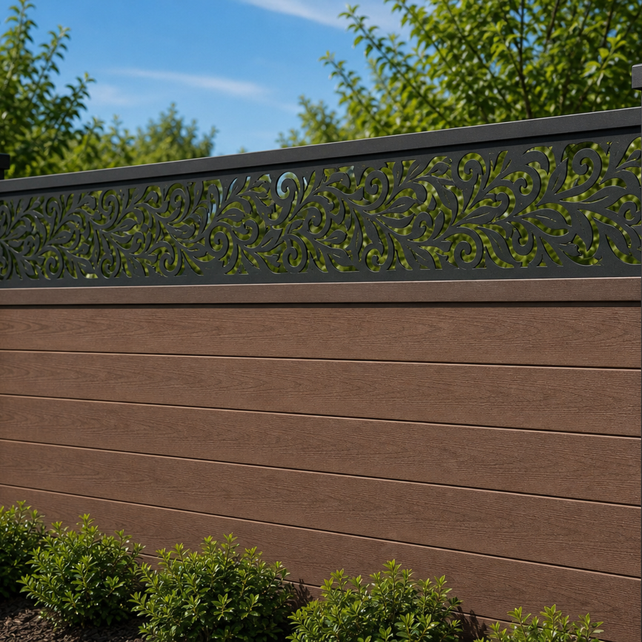 Dense Blossom Scroll laser cut fence extension panel installed on composite fence, angle view, Design 036