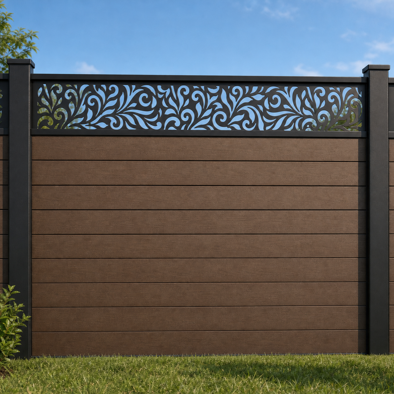 Dense Blossom Scroll metal fence topper installed above WPC composite privacy fence, front view, Design 036