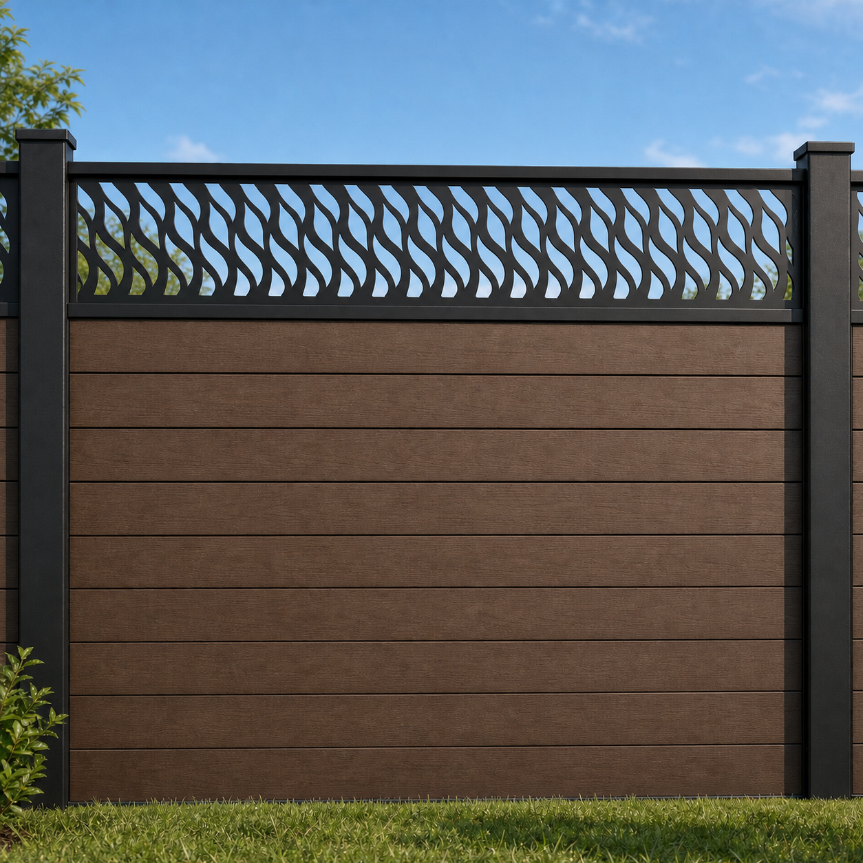 Crossing Reed Lattice metal fence topper installed above WPC composite privacy fence, front view, Design 037
