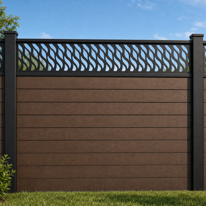 Crossing Reed Lattice metal fence topper installed above WPC composite privacy fence, front view, Design 037