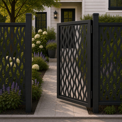Design 037 wave leaf black aluminium side gate open view