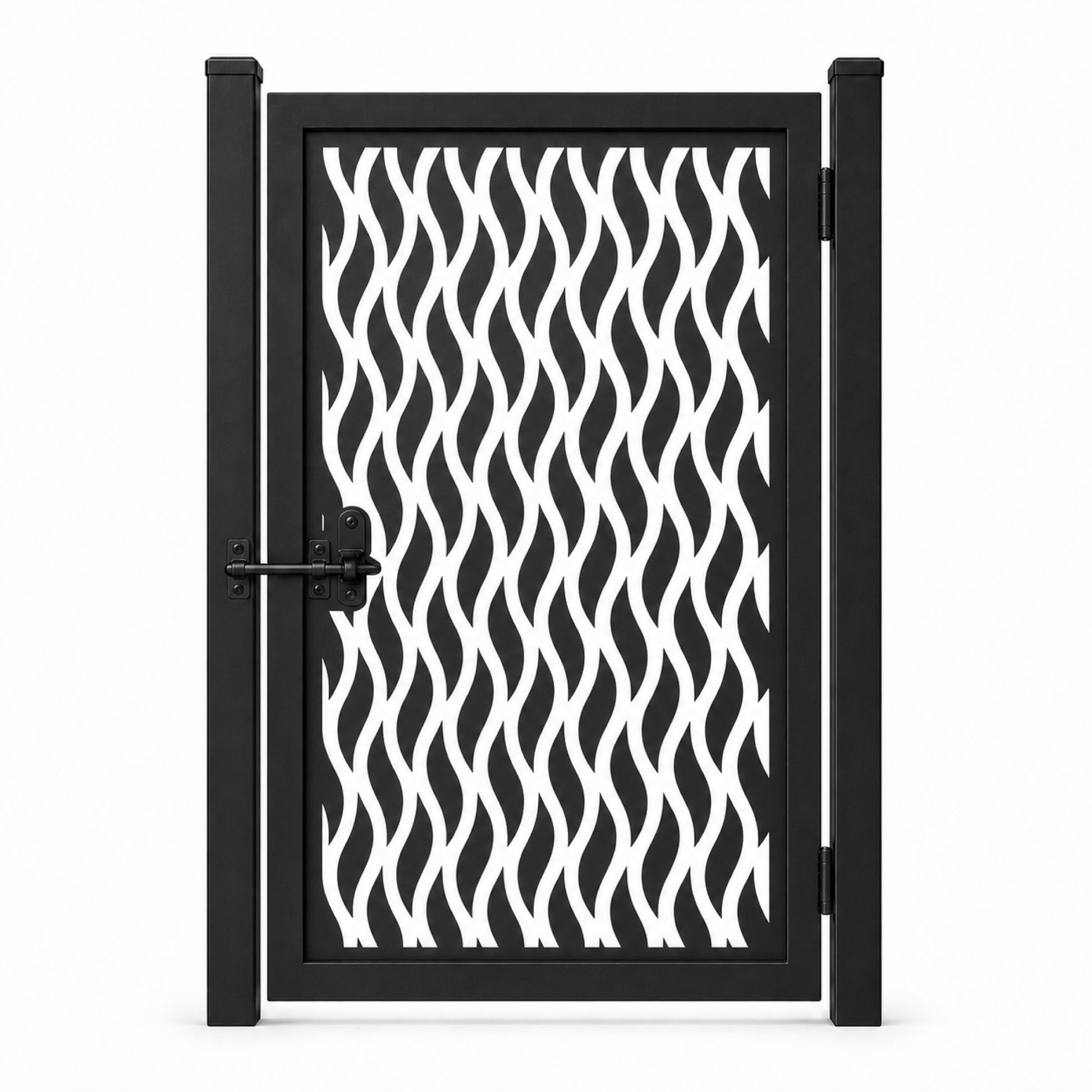 Design 037 wave leaf black laser cut metal pedestrian gate closed view