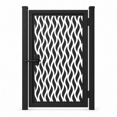 Design 037 wave leaf black laser cut metal pedestrian gate closed view