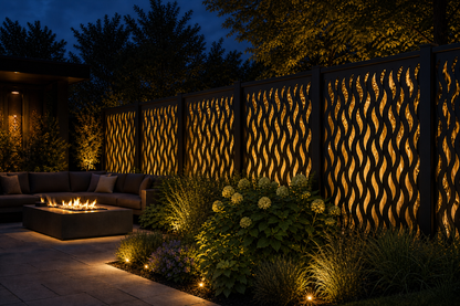 Design 037 Wavy Line Screen Laser Cut Metal Privacy Screen Panel installed garden night lighting view