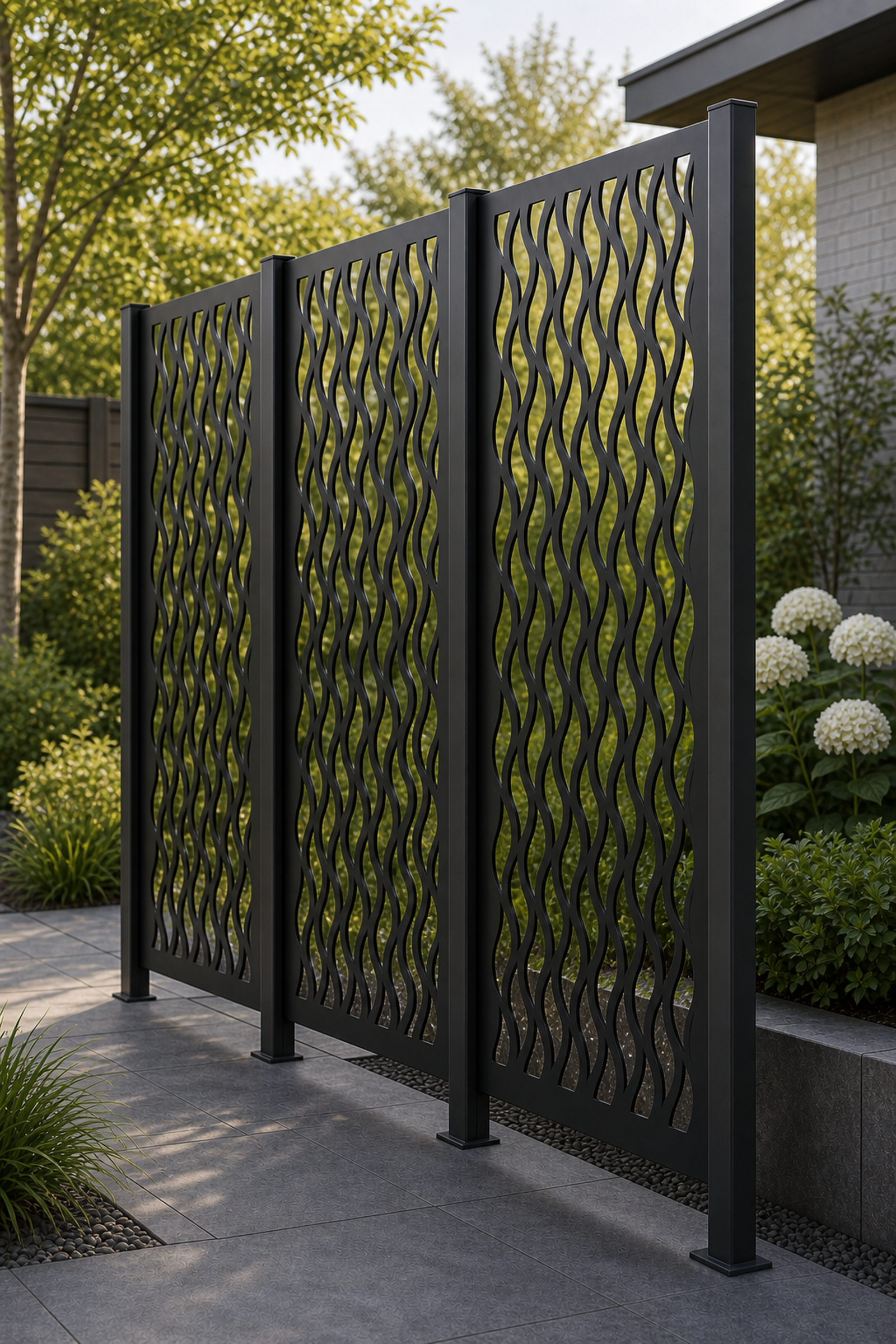 Design 037 Wavy Line Screen Laser Cut Metal Privacy Screen Panel oblique angle view