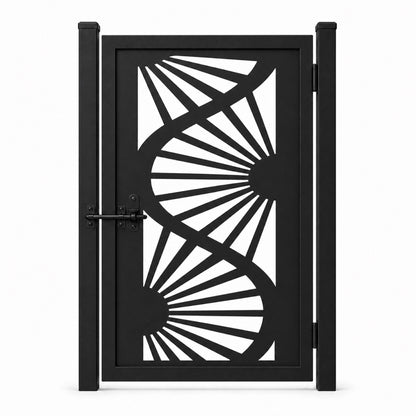 Design 038 large fan radiating black laser cut metal pedestrian gate closed view