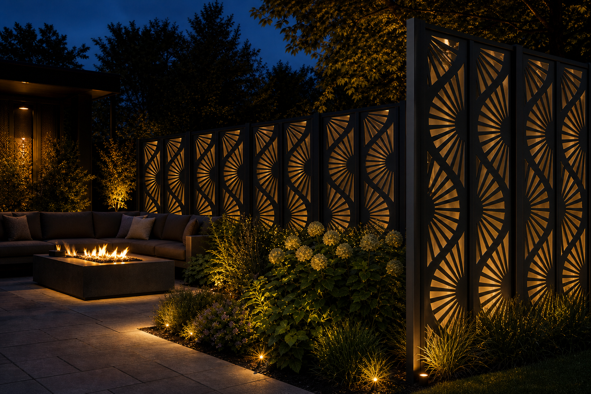 Design 038 Sunburst Spiral Laser Cut Metal Privacy Screen Panel installed garden night lighting view