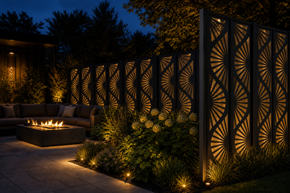 Design 038 Sunburst Spiral Laser Cut Metal Privacy Screen Panel installed garden night lighting view