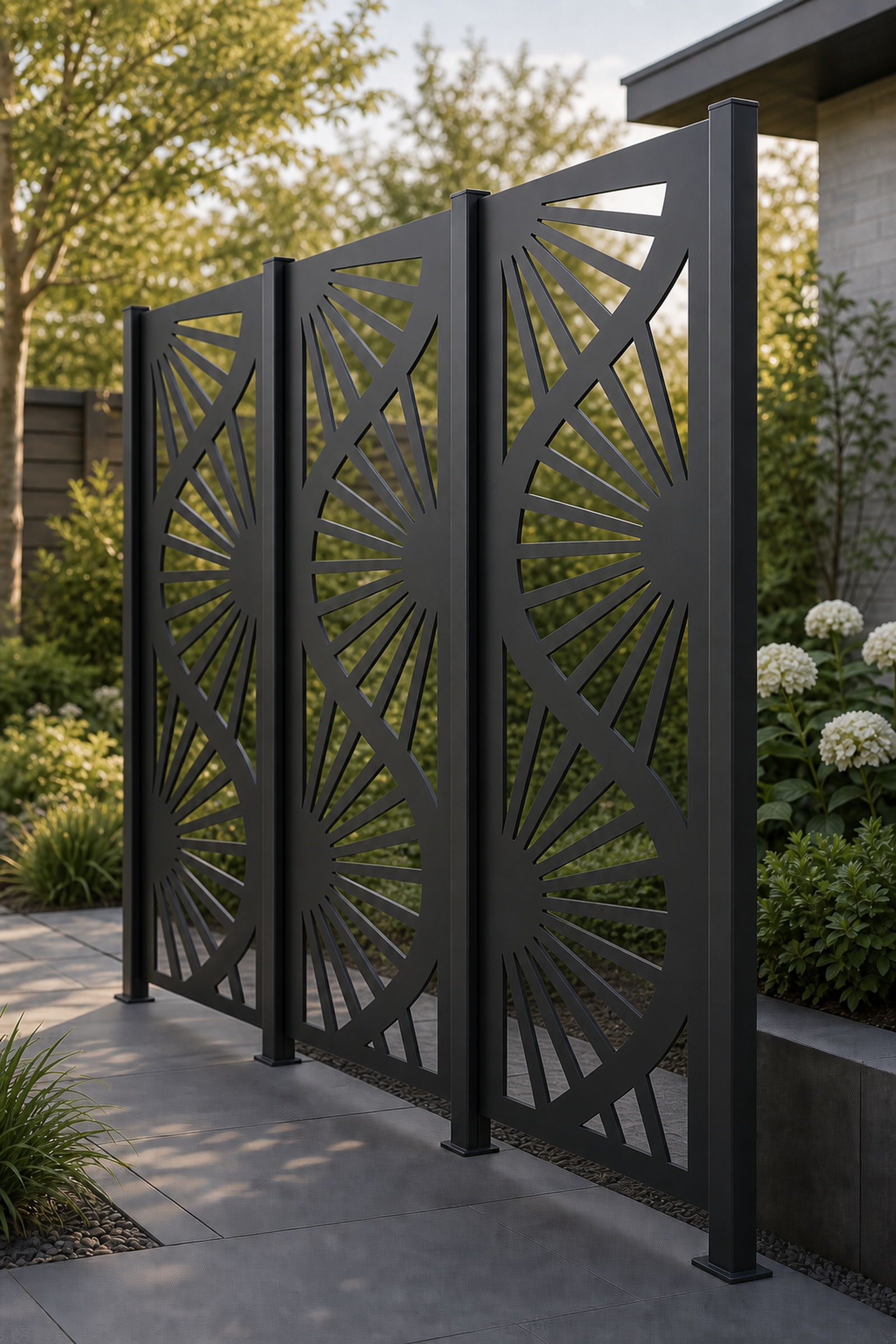Design 038 Sunburst Spiral Laser Cut Metal Privacy Screen Panel oblique angle view