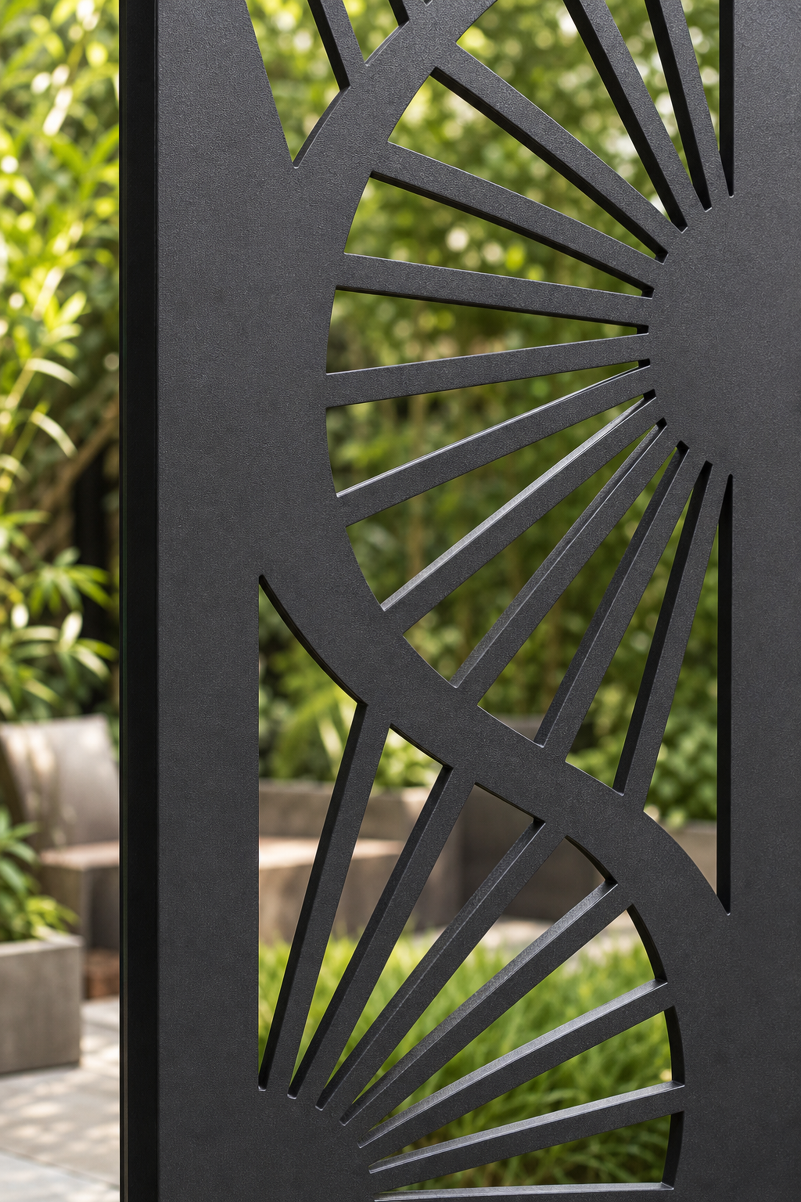 Design 038 Sunburst Spiral Laser Cut Metal Privacy Screen Panel close-up detail view