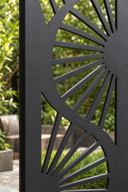 Design 038 Sunburst Spiral Laser Cut Metal Privacy Screen Panel close-up detail view