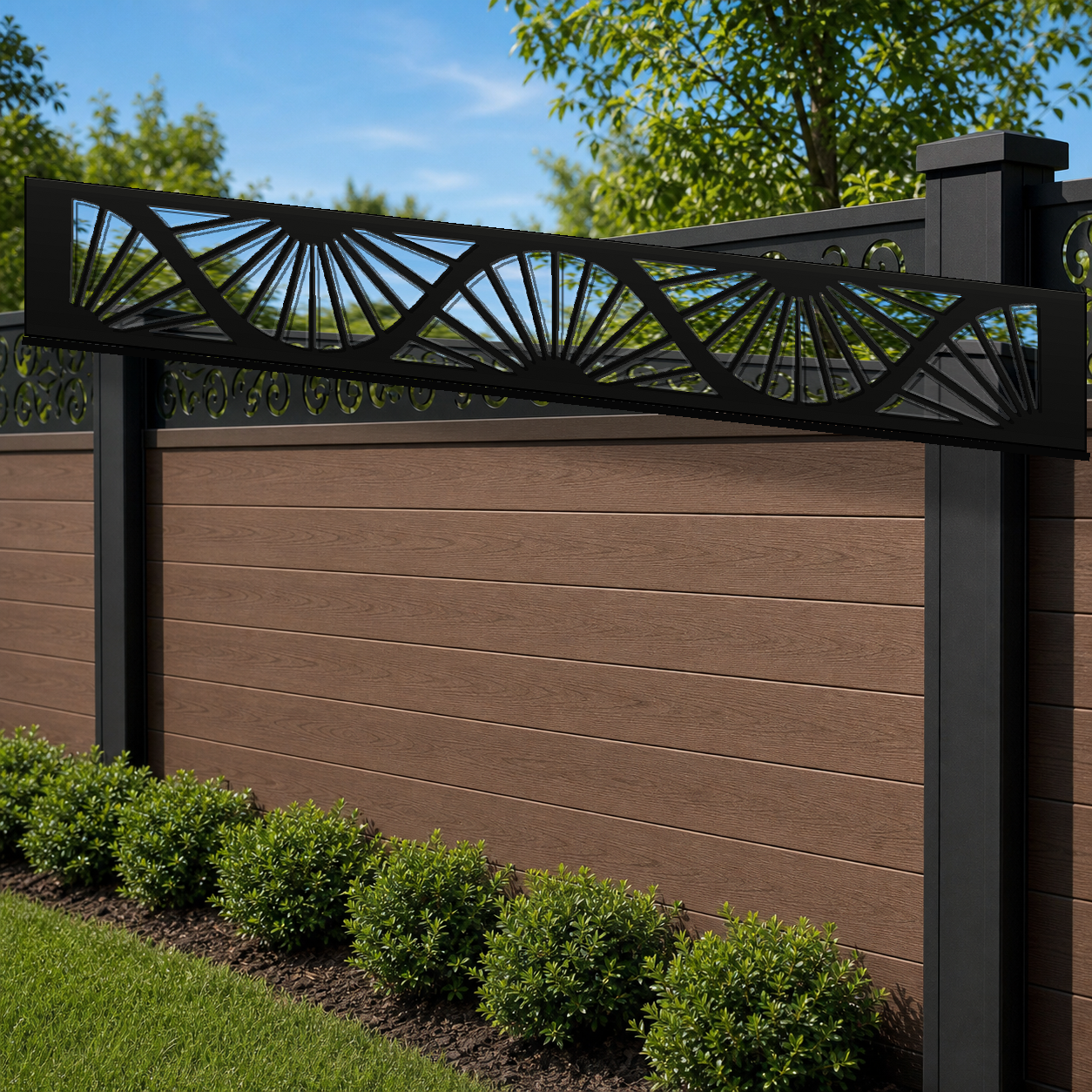 Sunrise Fan Arch laser cut fence extension panel installed on composite fence, angle view, Design 038