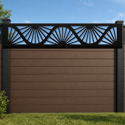 Sunrise Fan Arch metal fence topper installed above WPC composite privacy fence, front view, Design 038
