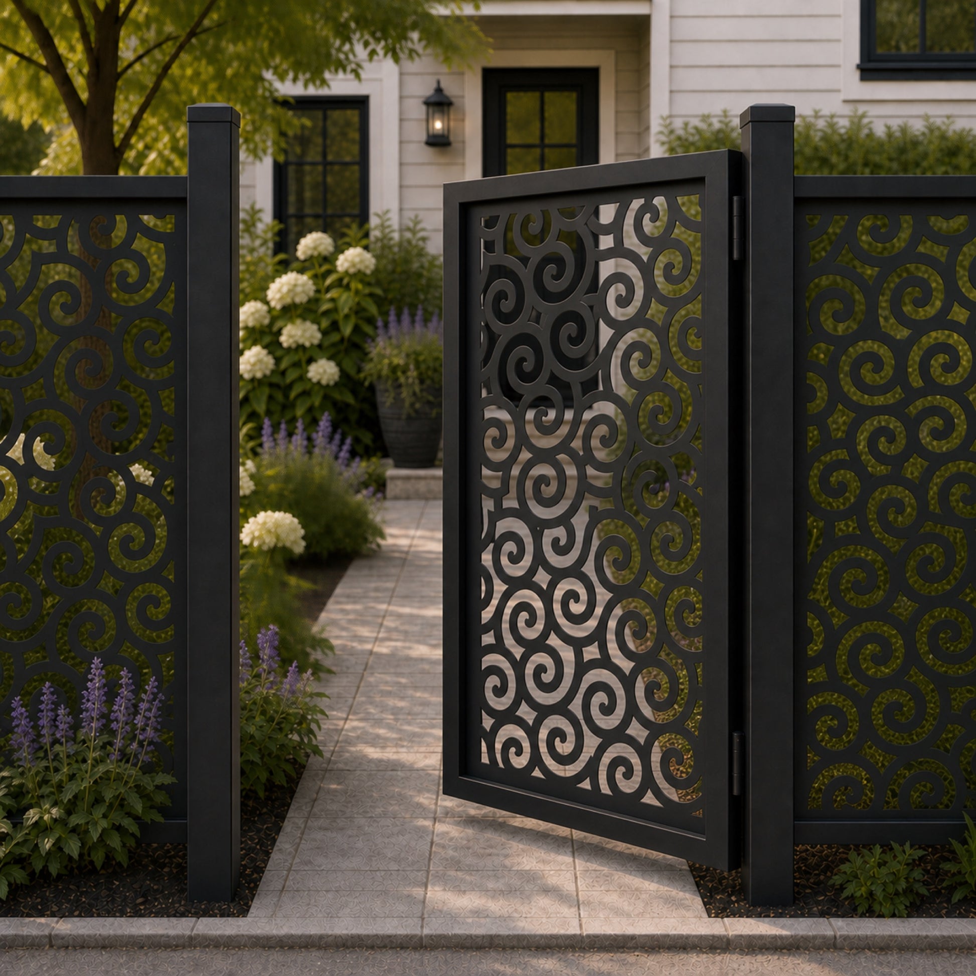 Design 039 allover spiral scroll black aluminium side gate open view