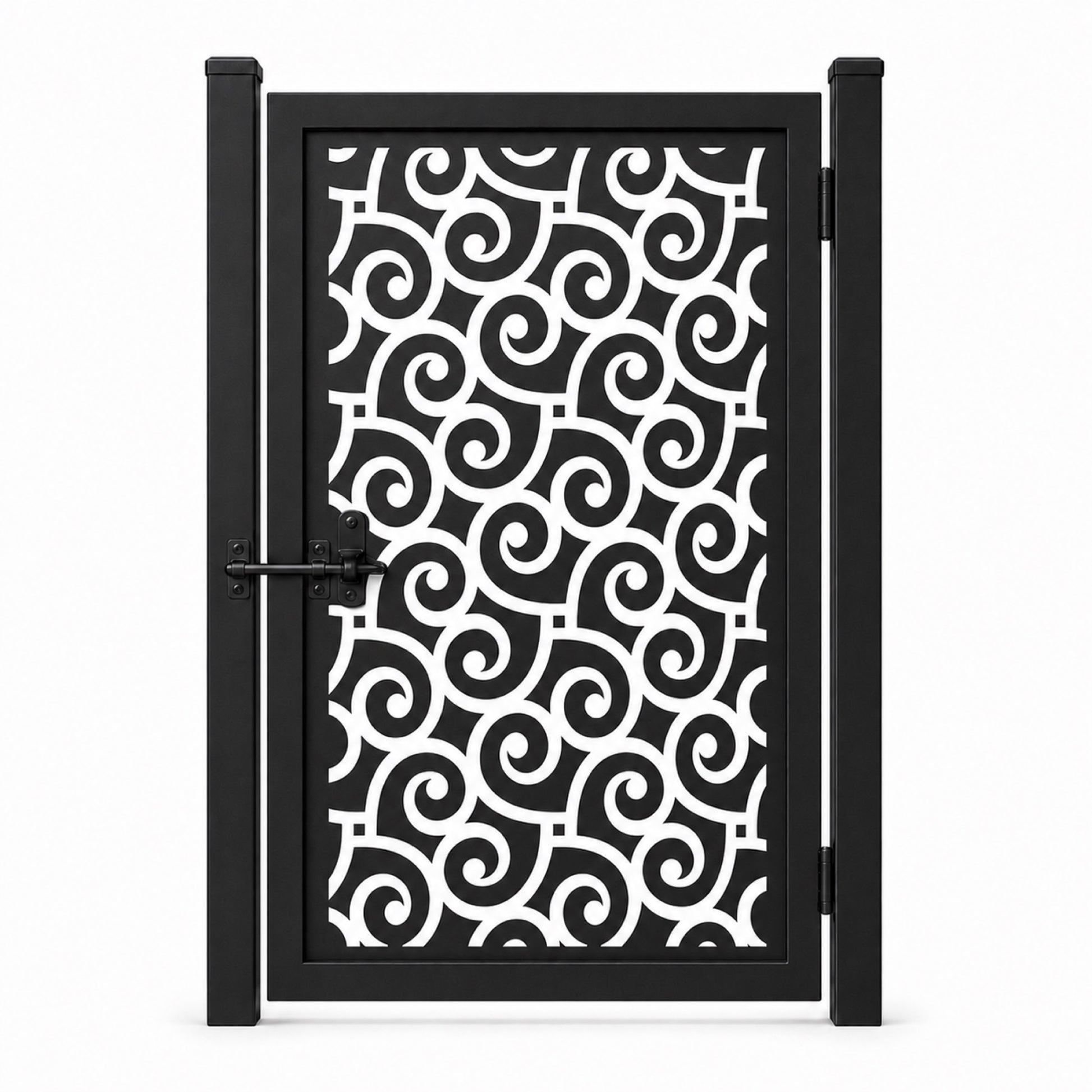 Design 039 allover spiral scroll black laser cut metal pedestrian gate closed view