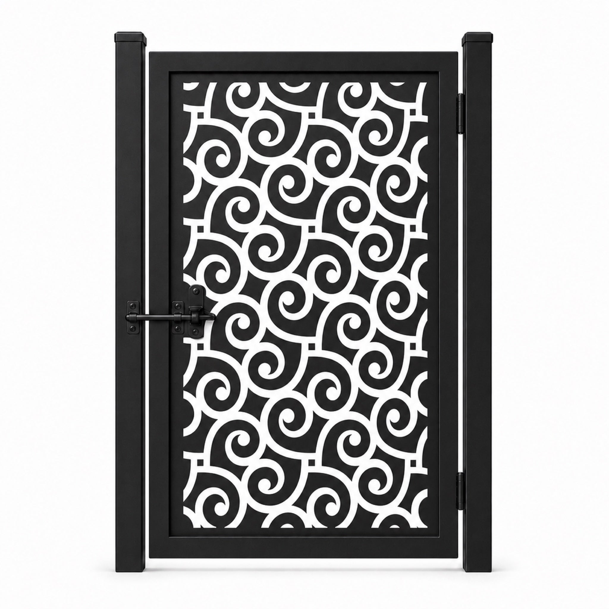 Design 039 allover spiral scroll black laser cut metal pedestrian gate closed view