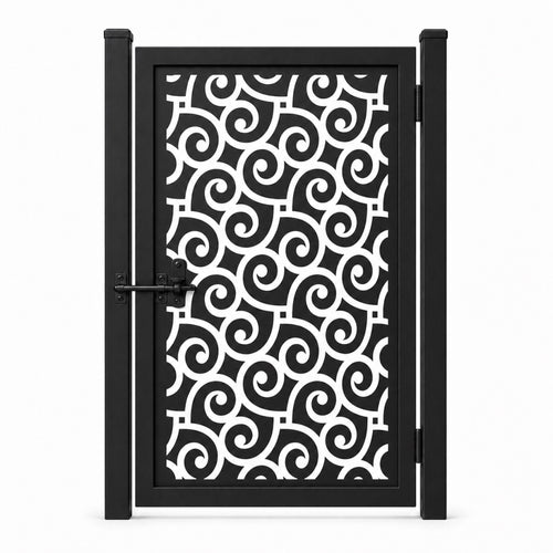 Design 039 allover spiral scroll black laser cut metal pedestrian gate closed view