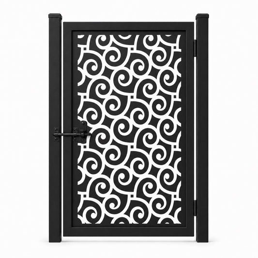 Design 039 allover spiral scroll black laser cut metal pedestrian gate closed view