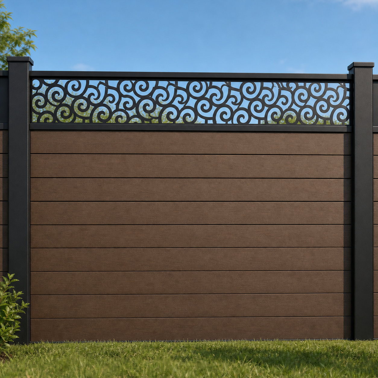 Baroque Scroll Vine metal fence topper installed above WPC composite privacy fence, front view, Design 039
