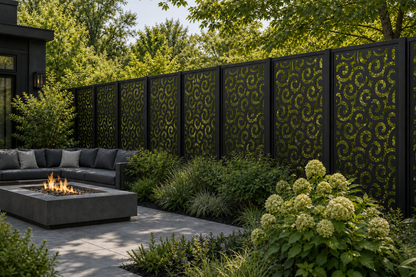 Design 039 Swirl Circles Laser Cut Metal Privacy Screen Panel installed garden daylight view