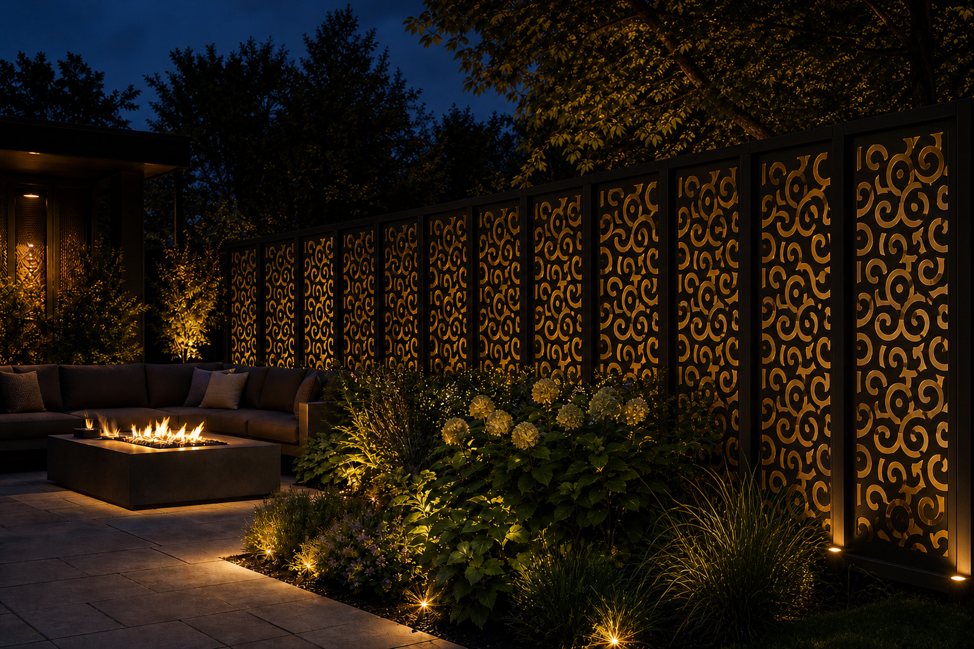 Design 039 Swirl Circles Laser Cut Metal Privacy Screen Panel installed garden night lighting view