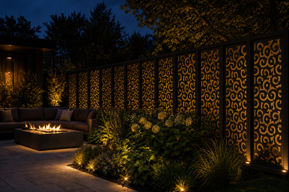 Design 039 Swirl Circles Laser Cut Metal Privacy Screen Panel installed garden night lighting view