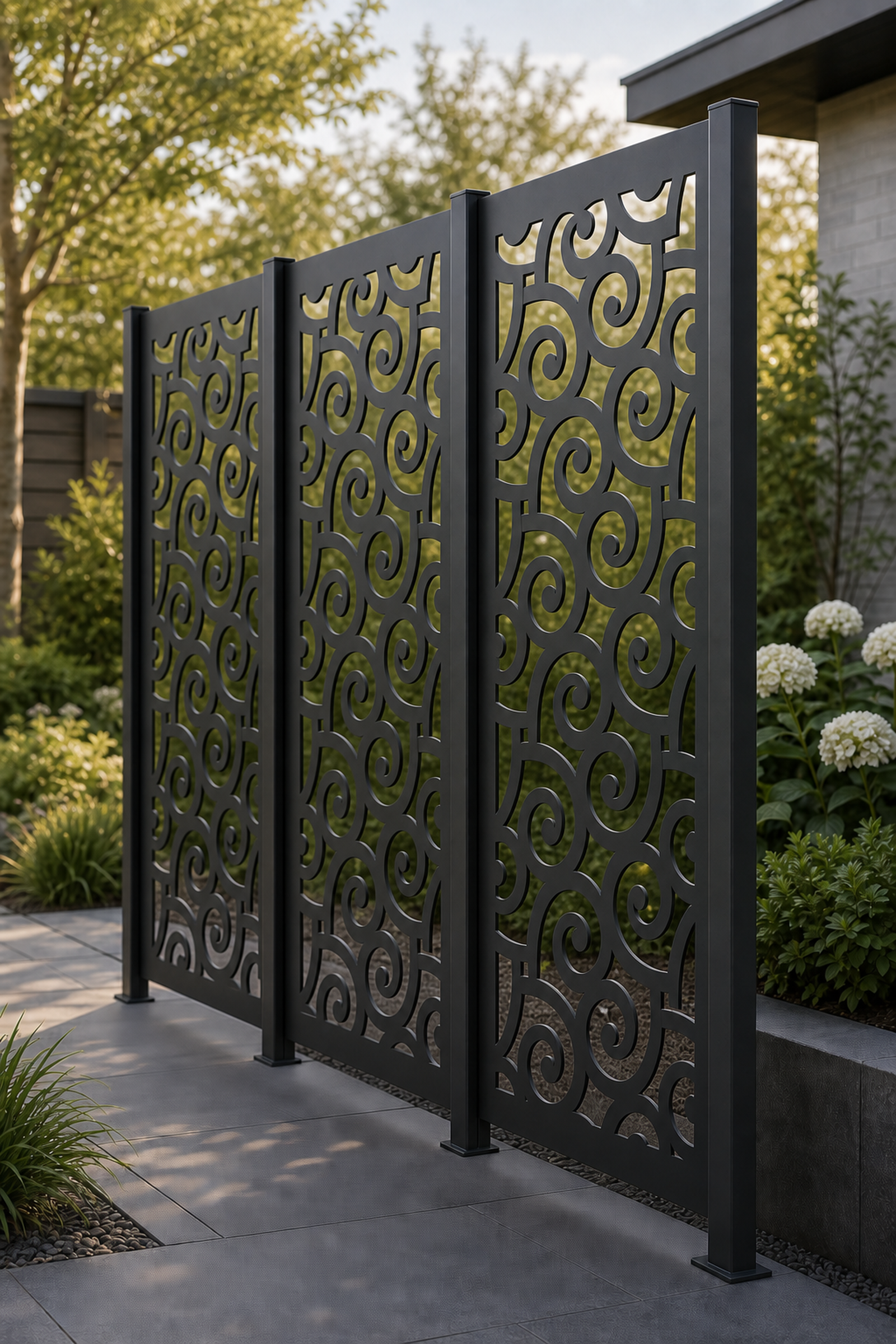 Design 039 Swirl Circles Laser Cut Metal Privacy Screen Panel oblique angle view