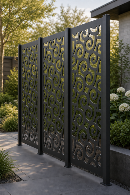 Design 039 Swirl Circles Laser Cut Metal Privacy Screen Panel oblique angle view