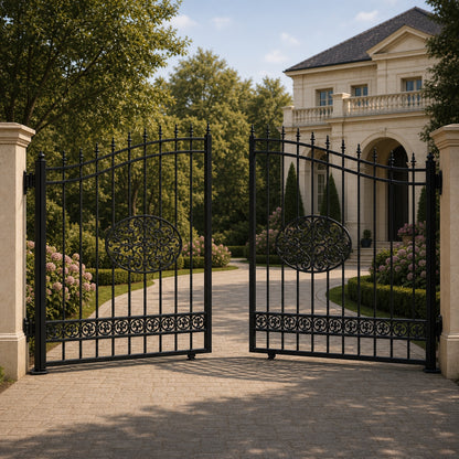 EONE Design 040 classic wrought iron style estate gate shown 30 degrees open for driveway entry view