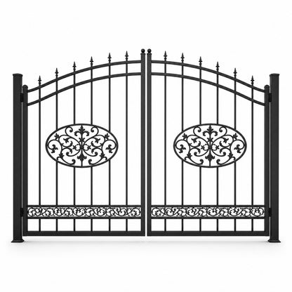 EONE Design 040 classic wrought iron style estate gate shown as a closed double swing estate driveway gate