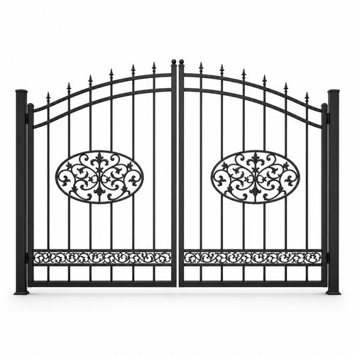 EONE Design 040 classic wrought iron style estate gate shown as a closed double swing estate driveway gate