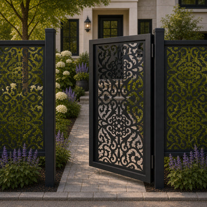 Design 040 european floral dot black aluminium side gate open view