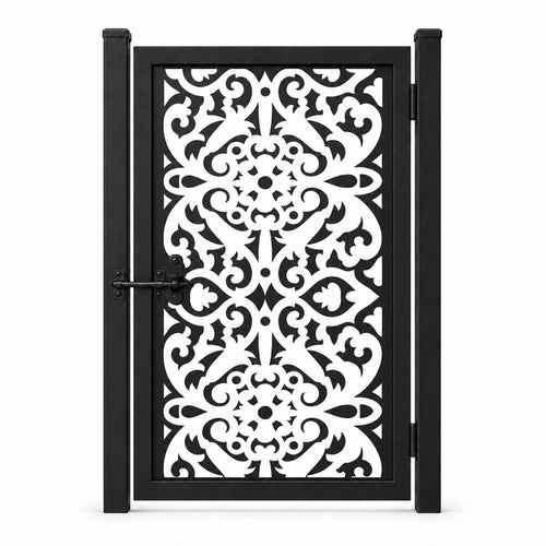 Design 040 european floral dot black laser cut metal pedestrian gate closed view