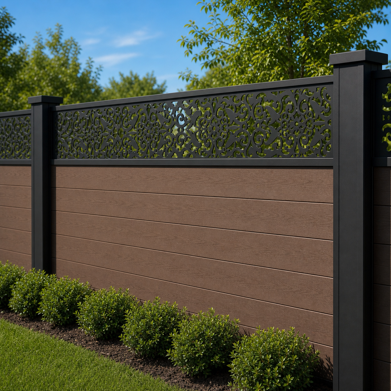 Lace Damask Filigree laser cut fence extension panel installed on composite fence, angle view, Design 040