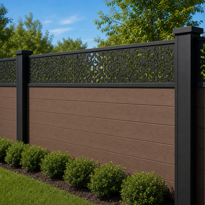 Lace Damask Filigree laser cut fence extension panel installed on composite fence, angle view, Design 040
