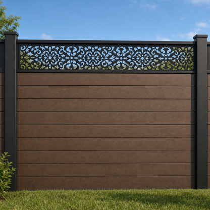 Lace Damask Filigree metal fence topper installed above WPC composite privacy fence, front view, Design 040