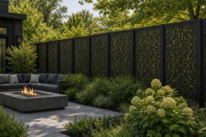 Design 040 Lace Damask Laser Cut Metal Privacy Screen Panel installed garden daylight view