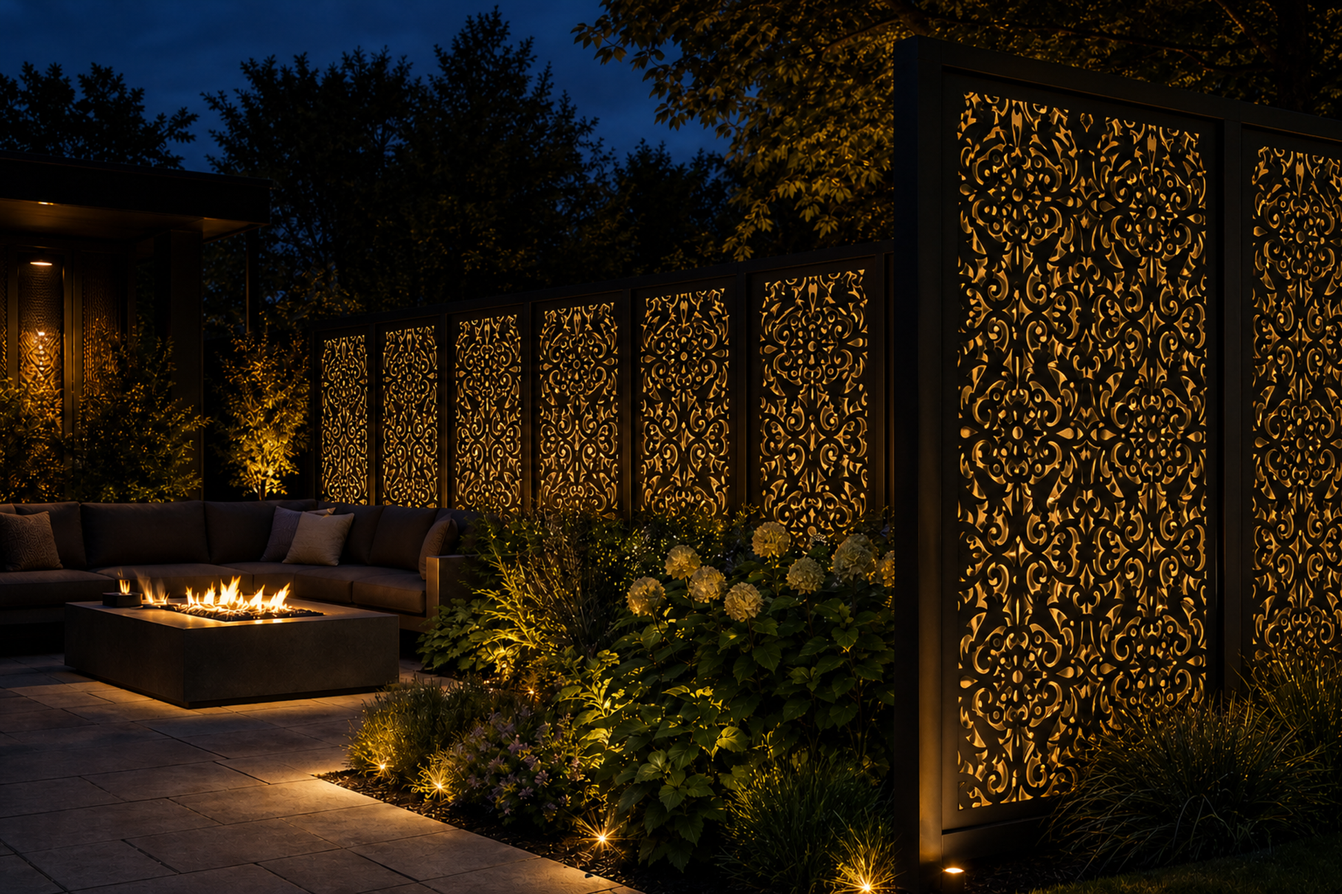 Design 040 Lace Damask Laser Cut Metal Privacy Screen Panel installed garden night lighting view