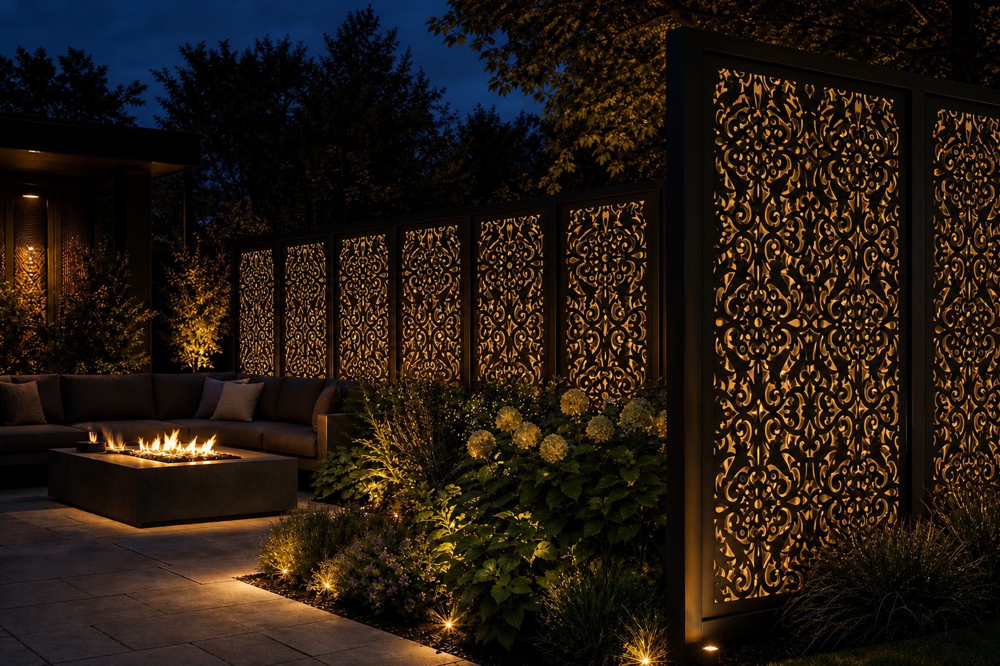 Design 040 Lace Damask Laser Cut Metal Privacy Screen Panel installed garden night lighting view