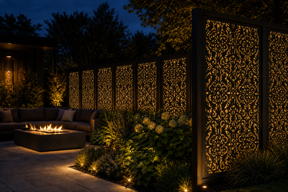 Design 040 Lace Damask Laser Cut Metal Privacy Screen Panel installed garden night lighting view