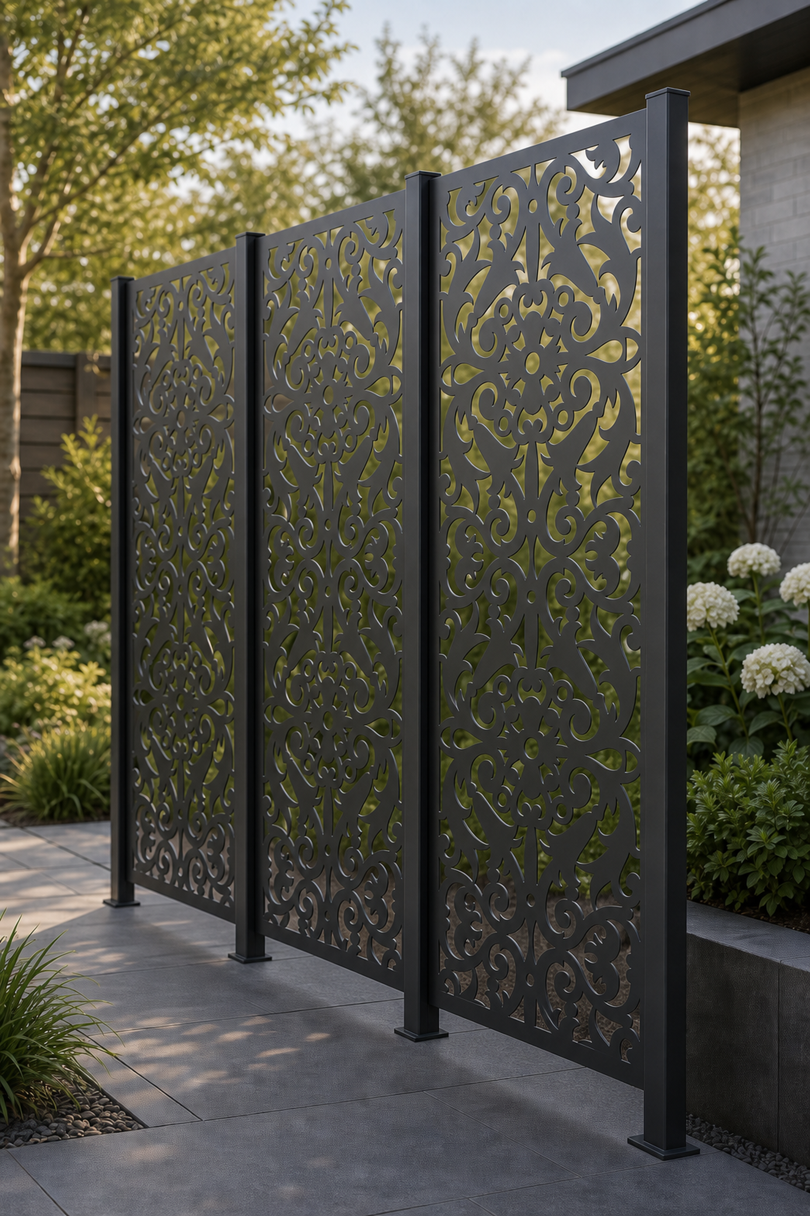 Design 040 Lace Damask Laser Cut Metal Privacy Screen Panel oblique angle view