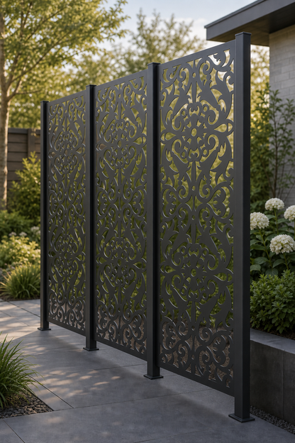 Design 040 Lace Damask Laser Cut Metal Privacy Screen Panel oblique angle view