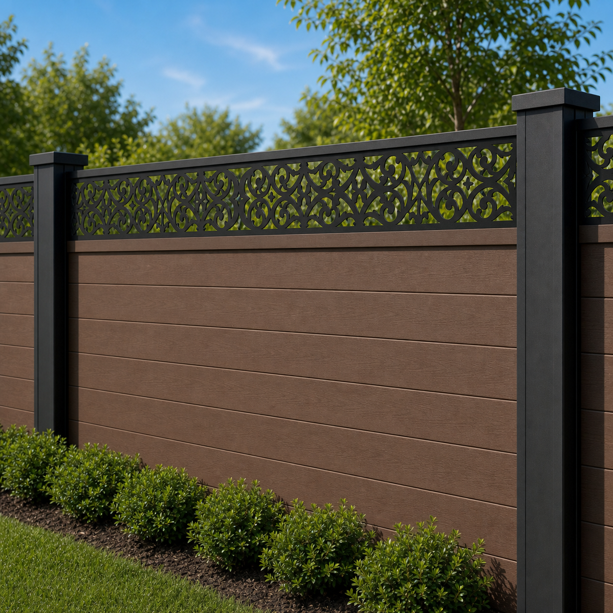 Meadow Flower Lace laser cut fence extension panel installed on composite fence, angle view, Design 041