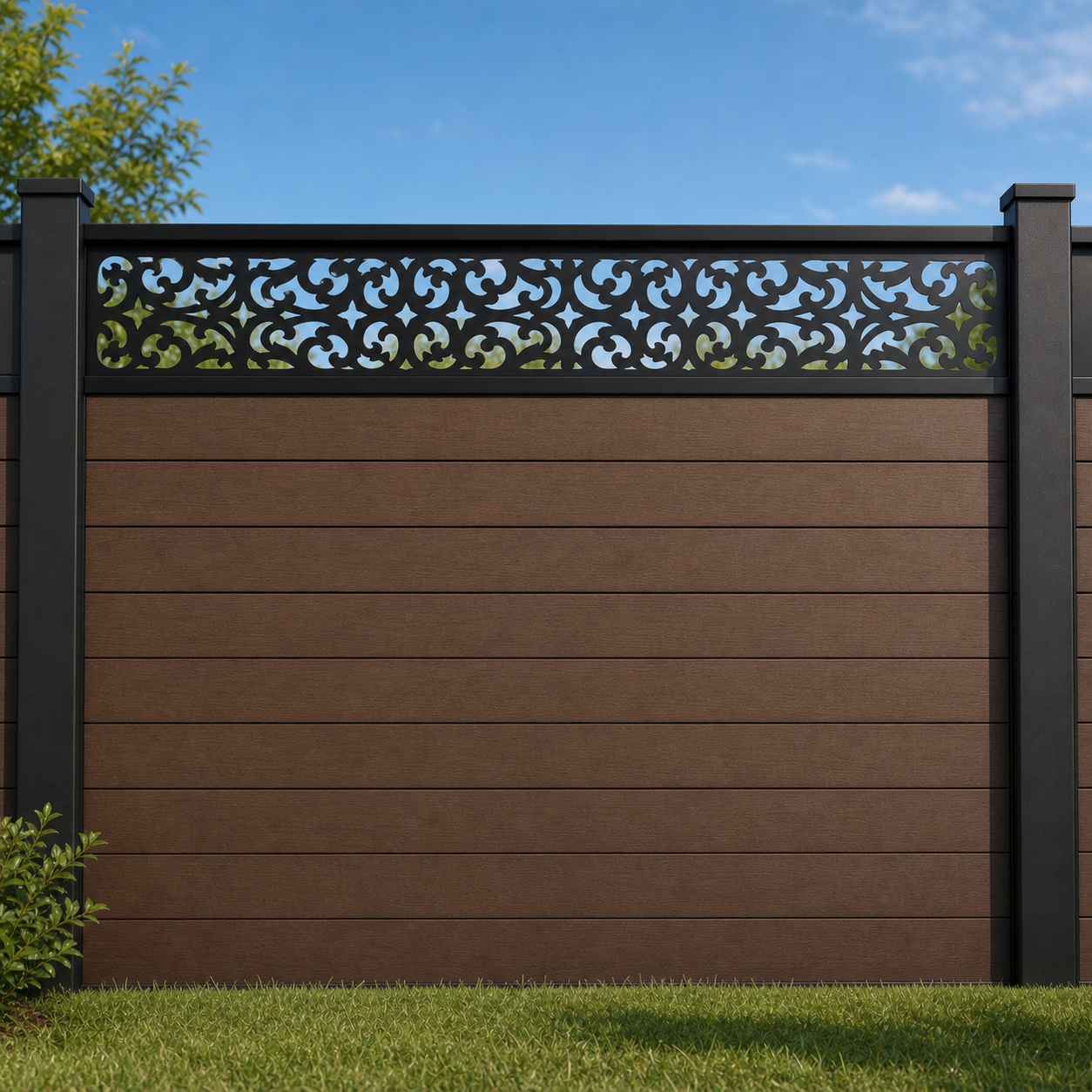 Meadow Flower Lace metal fence topper installed above WPC composite privacy fence, front view, Design 041