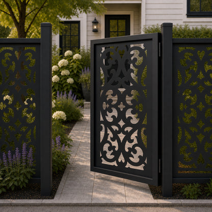 Design 041 open symmetrical leaf black aluminium side gate open view