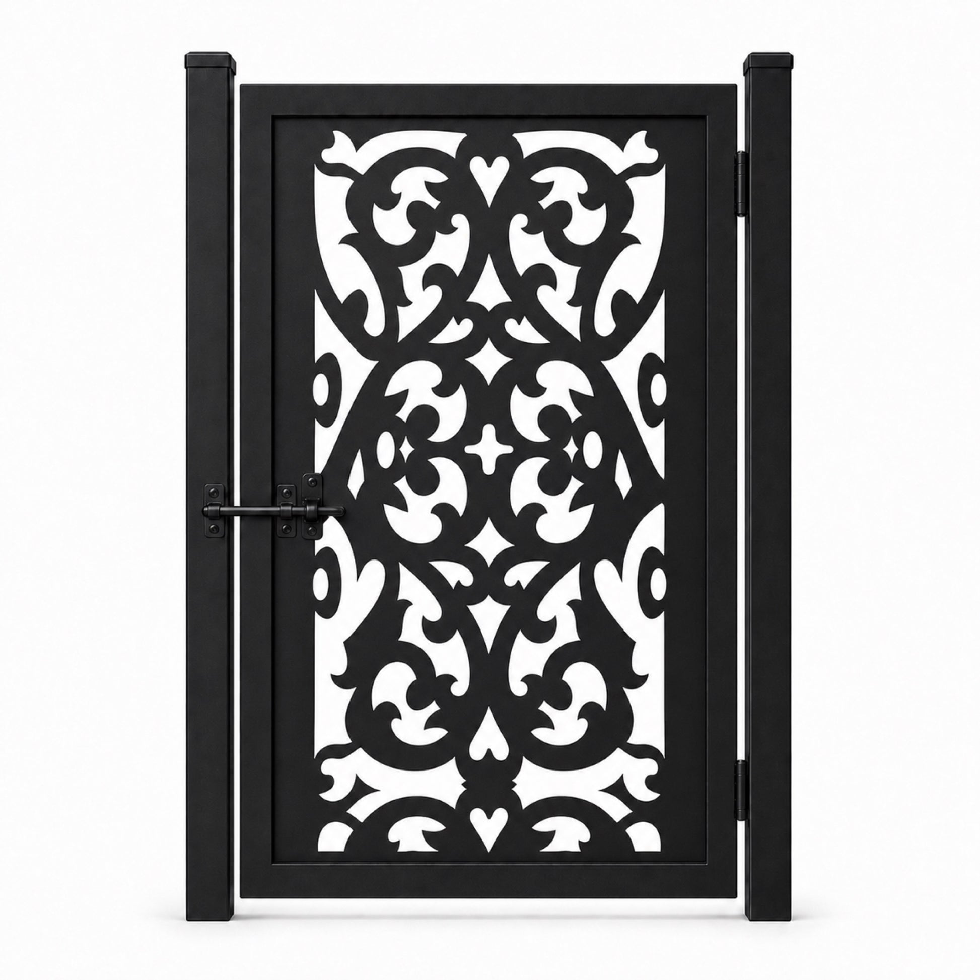 Design 041 open symmetrical leaf black laser cut metal pedestrian gate closed view