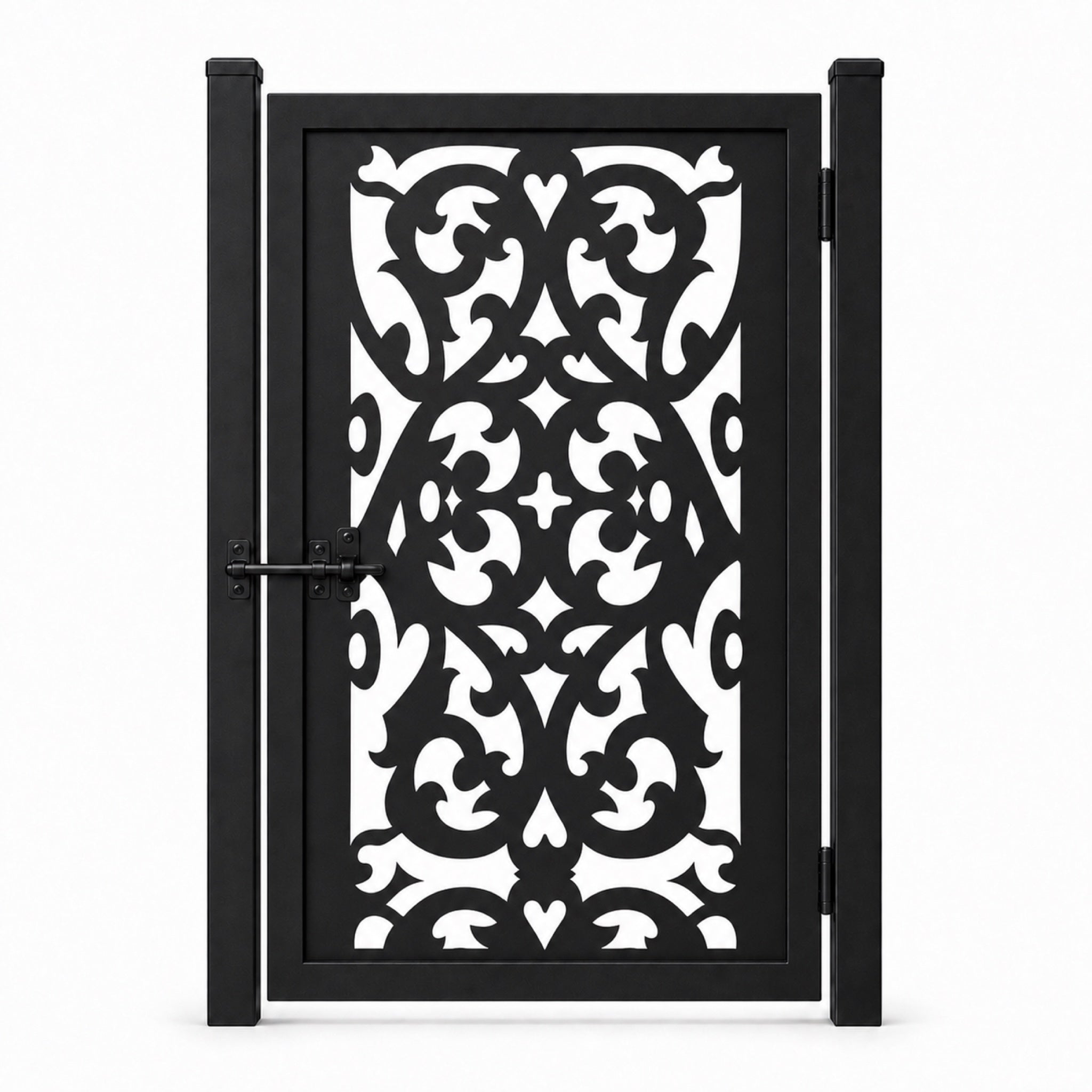 Design 041 open symmetrical leaf black laser cut metal pedestrian gate closed view